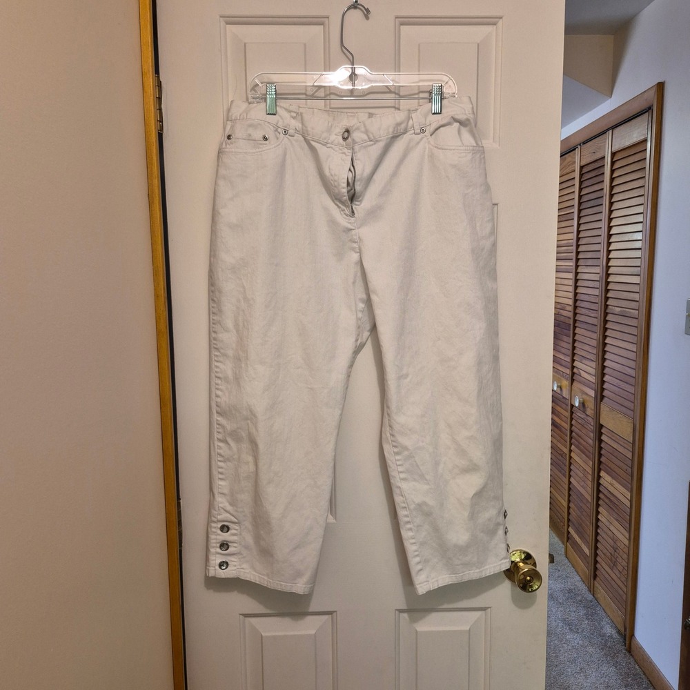 Lark‎ Lane Womens White Cotton Stretch Capri Pants Size 16 Button Hem Cropped